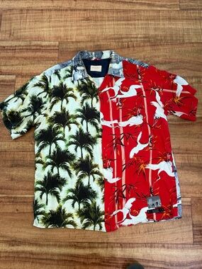 Buscemi Split-Panel Palm & Crane Short Sleeve Shirt - Green/Red